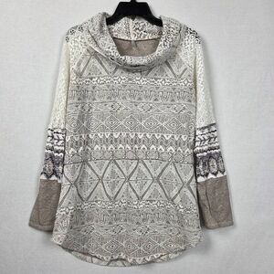Vanity M Lace Mixed Knit Hoodie Cowl Neck Boho Top